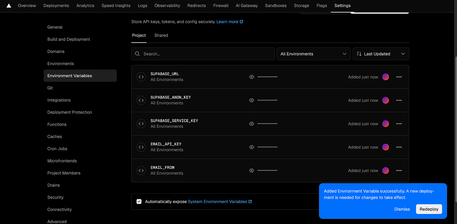 The Vercel interface shows multiple saved environment variables and a blue popup prompting a project redeploy. The Vercel interface shows multiple saved environment variables and a blue popup prompting a project redeploy.