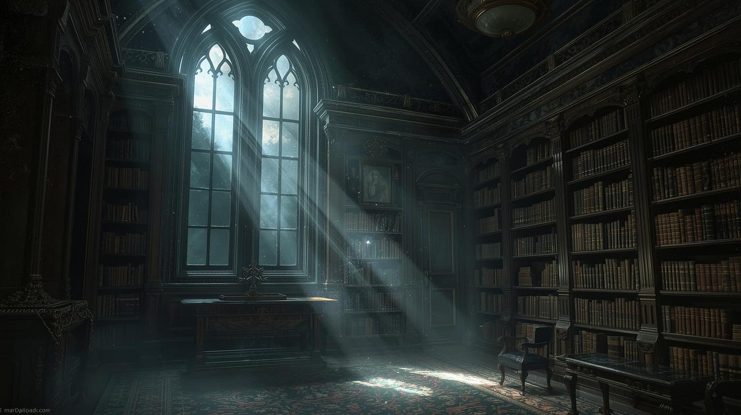 A candlelit old library with magical ambiance and an open book glowing softly.