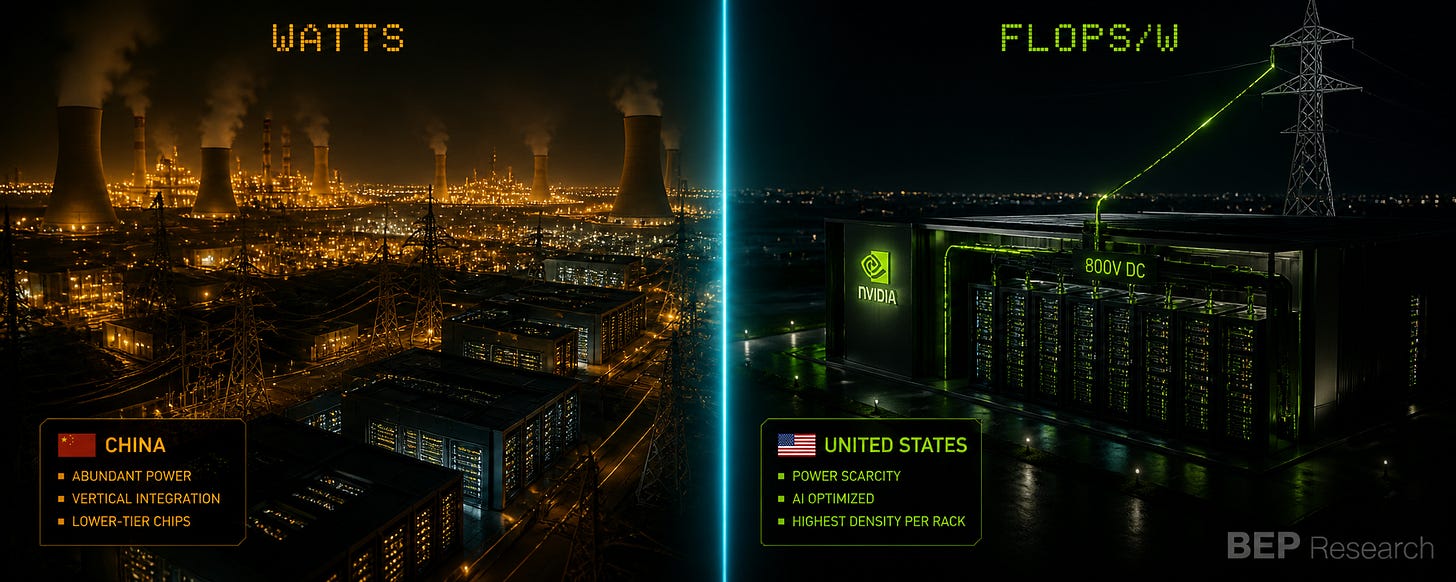 Split-frame composition contrasting China's abundant electricity infrastructure with America's scarce-power, high-efficiency AI data hall — the Watt Asymmetry between the two paths to AI tokens.