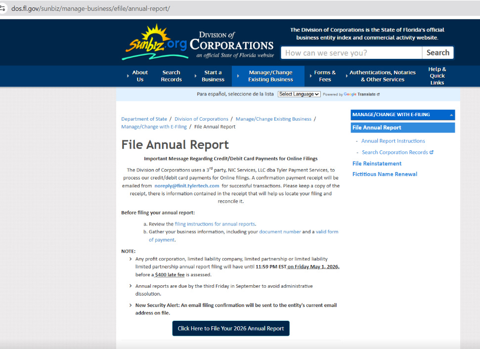 Sunbiz Filing Example Florida LLC Owners - Annual Report due this week! May 1st 2026 deadline.