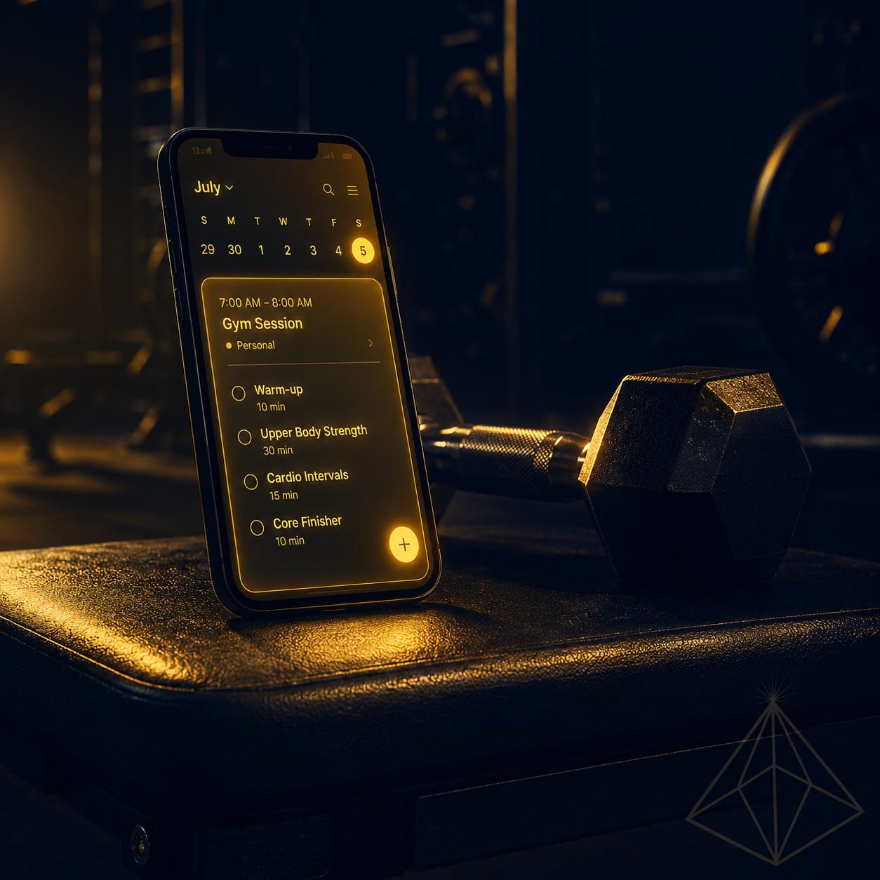 The Visible Practitioner cover image for an AI gym-planning build, July 2026. A phone glowing gold on a dark gym bench showing a calendar workout, representing AI that plans workouts around your energy. The Visible Practitioner cover image for an AI gym-planning build, July 2026. A phone glowing gold on a dark gym bench showing a calendar workout, representing AI that plans workouts around your energy.
