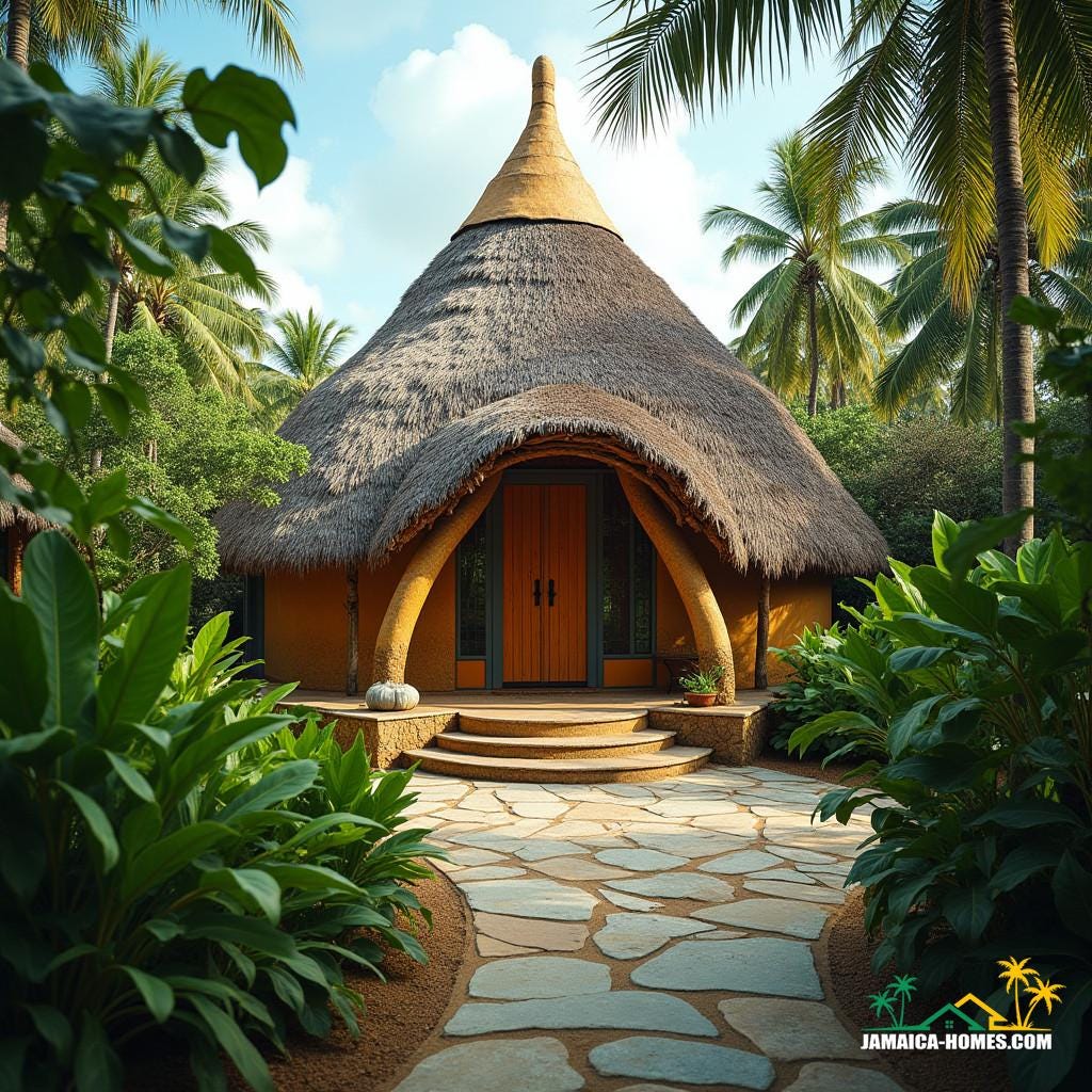A modern hogan house in Jamaica, Caribbean, blending traditional Navajo architecture with island flair, stands majestically amidst lush greenery, its unique blend of round, cone-shaped, and multi-sided structures a testament to cultural fusion. The walls, made of timber, packed earth, and stone, are adorned with vibrant tropical colors, while the bark roof is a nod to its summer house heritage. The door, facing east to welcome the rising sun, is framed by lush foliage, as if nature itself is embracing the structure.