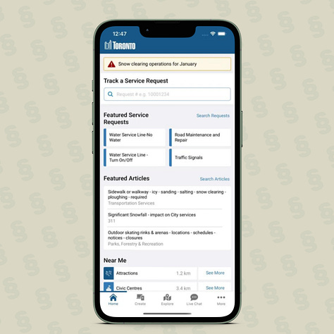 Three screenshots of Toronto's 3-1-1 iOS Mobile App
