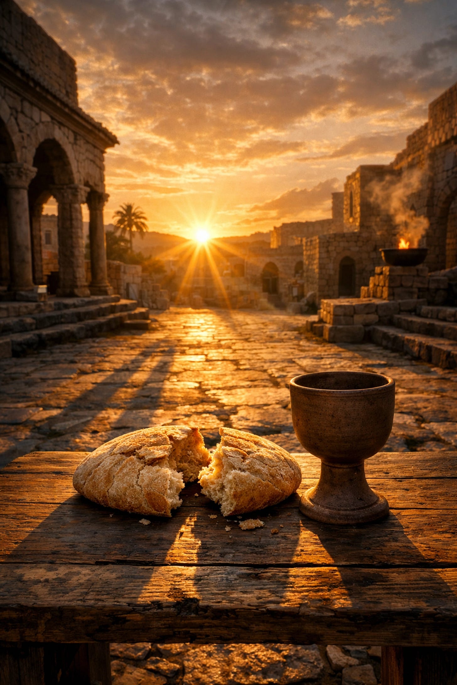 Bread and a ceramic chalice on a stone table at sunrise, depicting the shift from myth to historical faith. Bread and a ceramic chalice on a stone table at sunrise, depicting the shift from myth to historical faith.