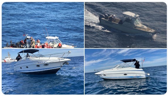 These four boats were among a flotilla of five Mexican Cartel human smuggling vessels intercepted off the California Cost with 62 illegal aliens aboard on February 21, 2026