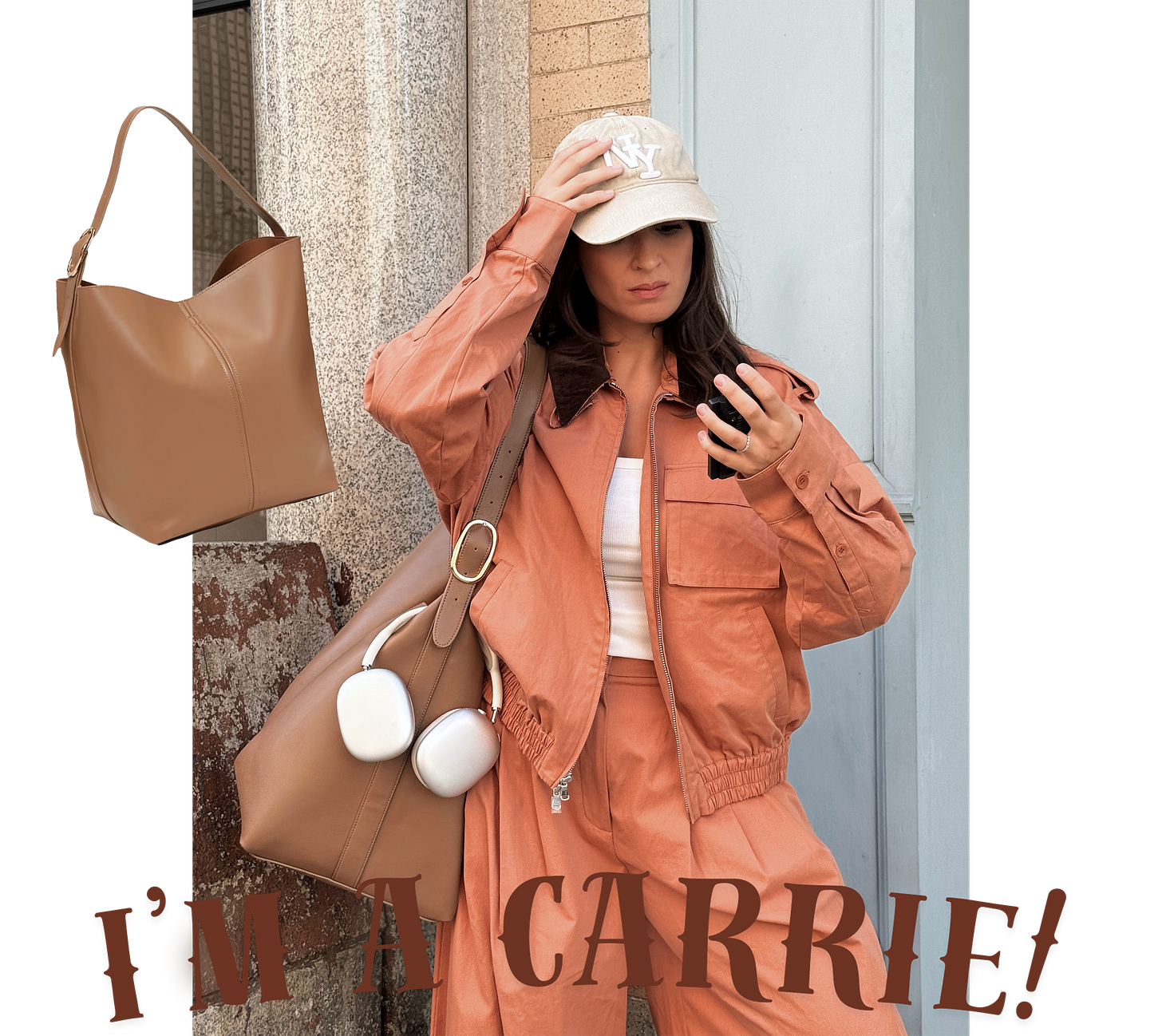 Bella holding large tan tote