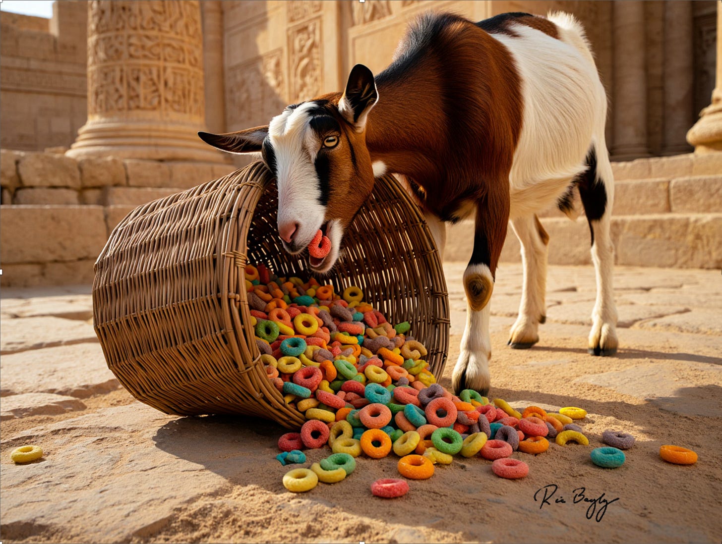 A goat, in front of an ancient temple, munches multi-colored rings, the size of donuts.