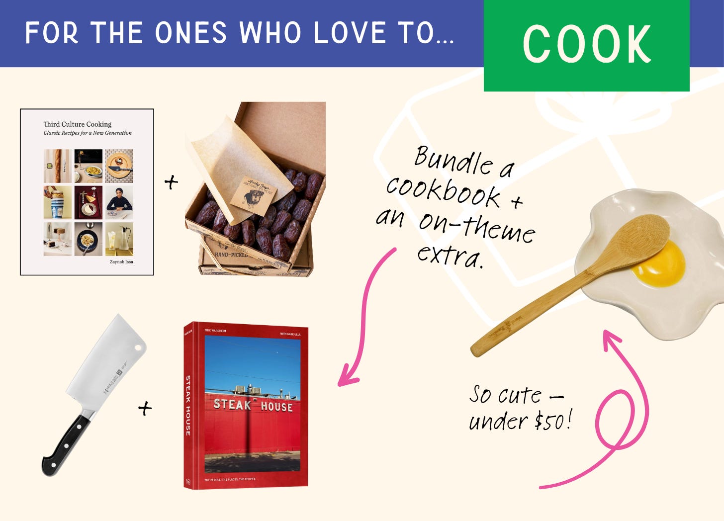 A graphic of the best gifts to give to people who love to cook. The text says “For the ones who love to… COOK.” Images are a collage of: The best cookbooks of 2025, Third Culture Cooking and the best dates to gift, and Steak House by Eric Wareheim and the best cleaver; and a spoon rest shaped like an egg with handwritten text that says “So cute — and under $50.”