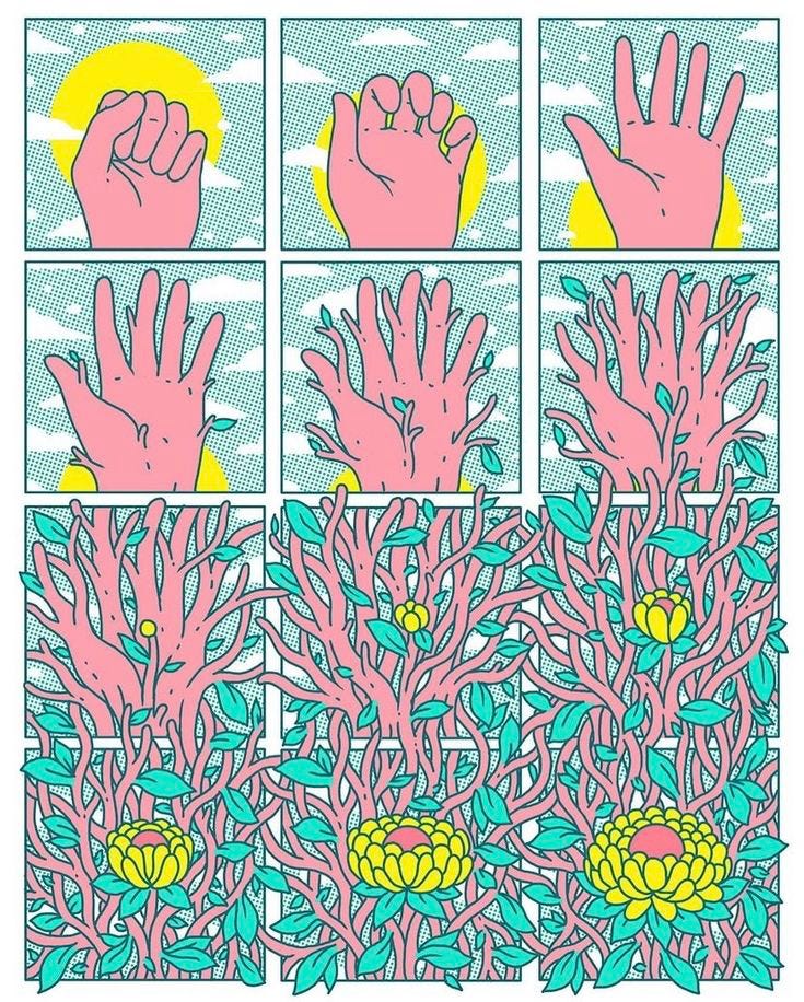 A progressive image of a clenched fist opening to become a yellow flower. A progressive image of a clenched fist opening to become a yellow flower.