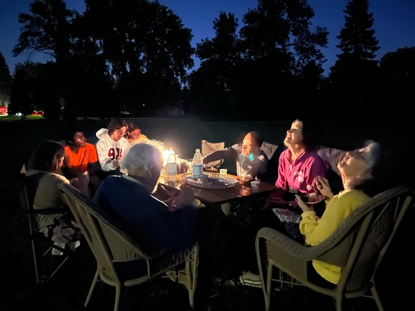 A family sits around a picnic table filled with treats amid dark trees and a night sky. An elderly woman (my Mom) and I are gazing skyward. A family sits around a picnic table filled with treats amid dark trees and a night sky. An elderly woman (my Mom) and I are gazing skyward.