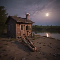 Serene nighttime scene by a calm lake with a quaint wooden cabin under the soft glow of the moonlight, and an abandoned saxophone lying on the shore.