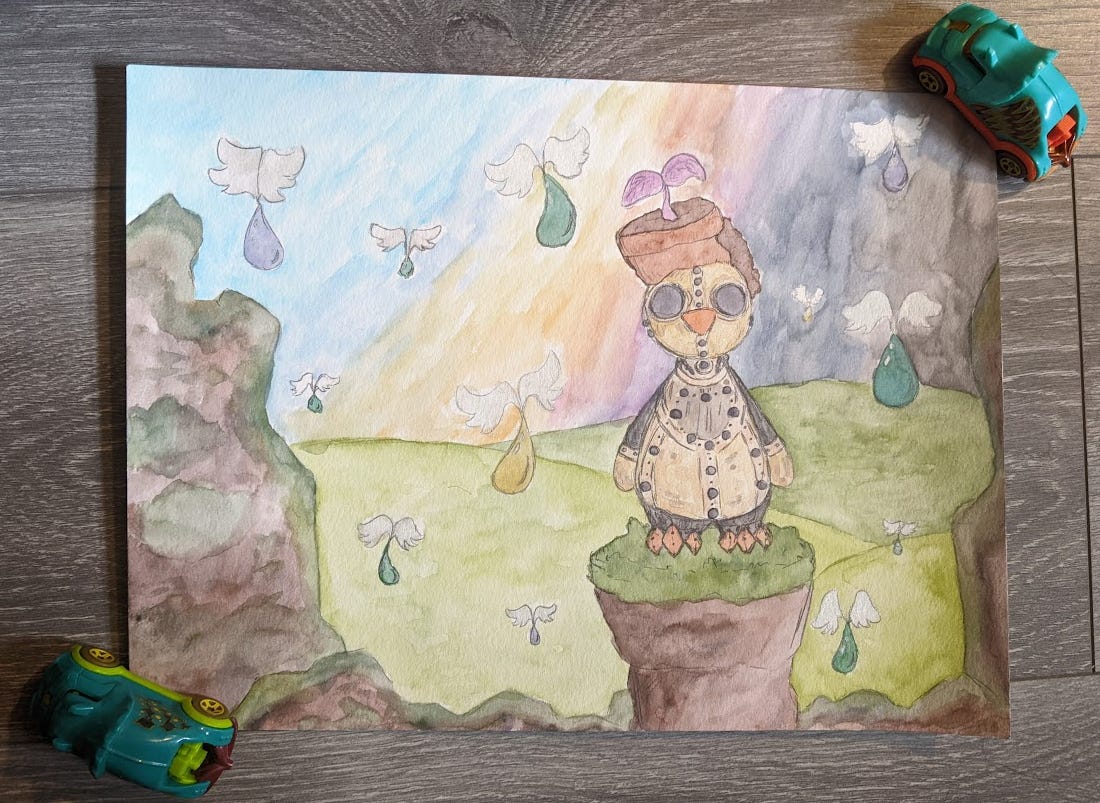 A painting of the cover art for Sunshower, which features the bird-like and plant-topped robot Hinata sitting on a lone, rocky platform and surrounded by falling raindrops. Behind Hinata is a colorful sky and a rocky structure which frames the picture. The painting is curling on the sides and the edges are held down by two dinosaur-shaped miniature cars (lol). A painting of the cover art for Sunshower, which features the bird-like and plant-topped robot Hinata sitting on a lone, rocky platform and surrounded by falling raindrops. Behind Hinata is a colorful sky and a rocky structure which frames the picture. The painting is curling on the sides and the edges are held down by two dinosaur-shaped miniature cars (lol).