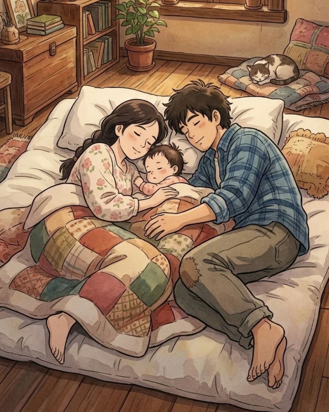 **Illustration dans le style du studio Ghibli :** Un père, une mère et leur bébé dorment paisiblement ensemble dans un grand lit douillet posé au sol. La mère, aux cheveux bruns et portant un pyjama à fleurs, enlace doucement le nourrisson. Le père, en chemise à carreaux bleus, dort à leurs côtés, une main posée sur eux. Une lumière dorée de fin de journée pénètre par une fenêtre en bois, éclairant une chambre chaleureuse aux tons chauds, avec un chat assoupi sur un coussin et des plantes vertes. **Illustration dans le style du studio Ghibli :** Un père, une mère et leur bébé dorment paisiblement ensemble dans un grand lit douillet posé au sol. La mère, aux cheveux bruns et portant un pyjama à fleurs, enlace doucement le nourrisson. Le père, en chemise à carreaux bleus, dort à leurs côtés, une main posée sur eux. Une lumière dorée de fin de journée pénètre par une fenêtre en bois, éclairant une chambre chaleureuse aux tons chauds, avec un chat assoupi sur un coussin et des plantes vertes.