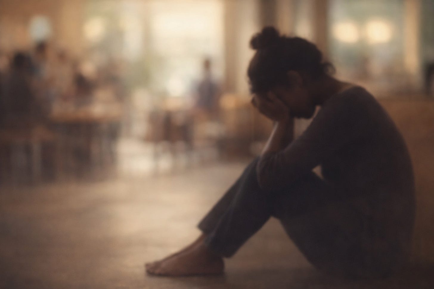 A woman sits alone on the floor in a public space, softly blurred against a busy background.