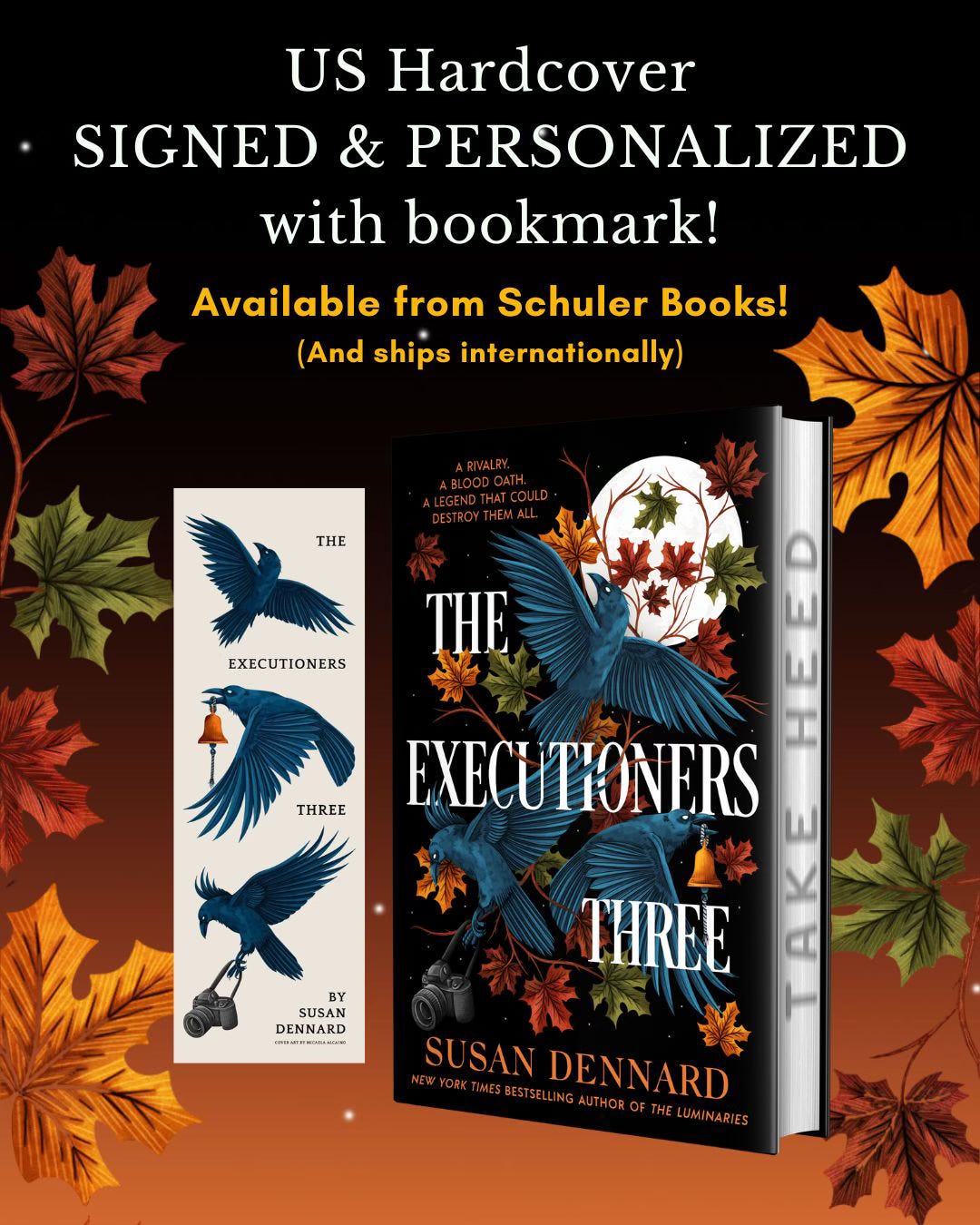 A graphic showing the US hardcover + a bookmark that reads "US Hardcover SIGNED & PERSONALIZED with bookmark! Available from Schuler Books! (And ships internationally)"