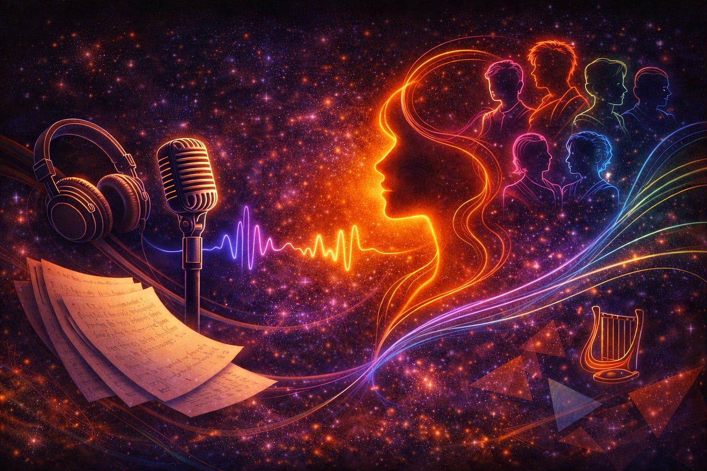 A vibrant sci-fi illustration depicting audio storytelling: a microphone and headphones on the left, flowing sound waves forming a glowing human profile at center, and silhouetted figures emerging against a cosmic, star-filled backdrop. A vibrant sci-fi illustration depicting audio storytelling: a microphone and headphones on the left, flowing sound waves forming a glowing human profile at center, and silhouetted figures emerging against a cosmic, star-filled backdrop.