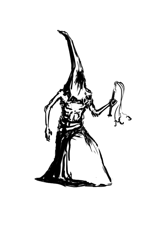 A lineart of a cultist barechested with a hood on his head and a whip