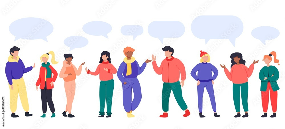 Diverse multi-ethnic young people talking with chat bubble. Man and ...