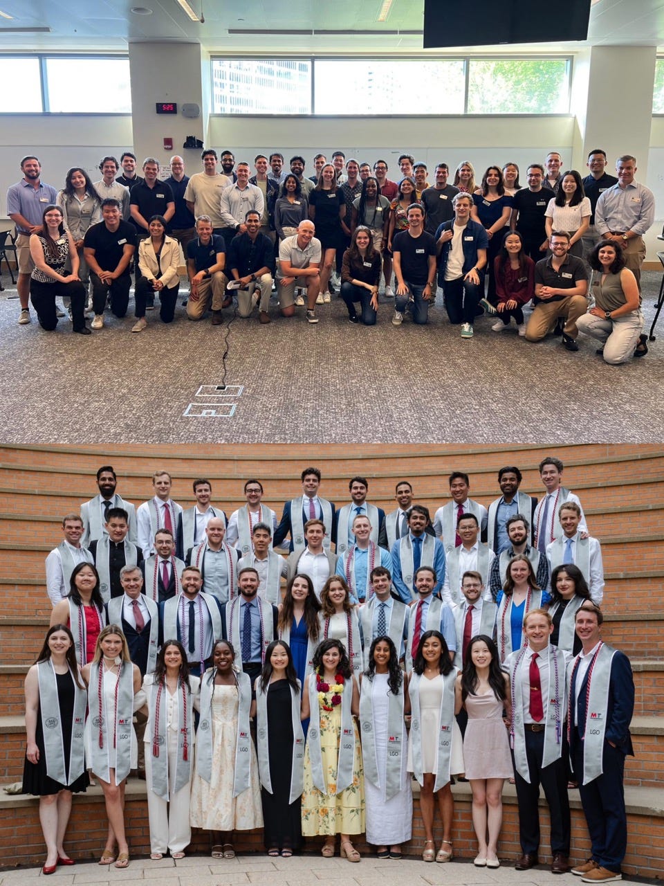 Two group portraits of the LGO Class of 2026, at the beginning of the program and wearing graduation stoles at its end Two group portraits of the LGO Class of 2026, at the beginning of the program and wearing graduation stoles at its end