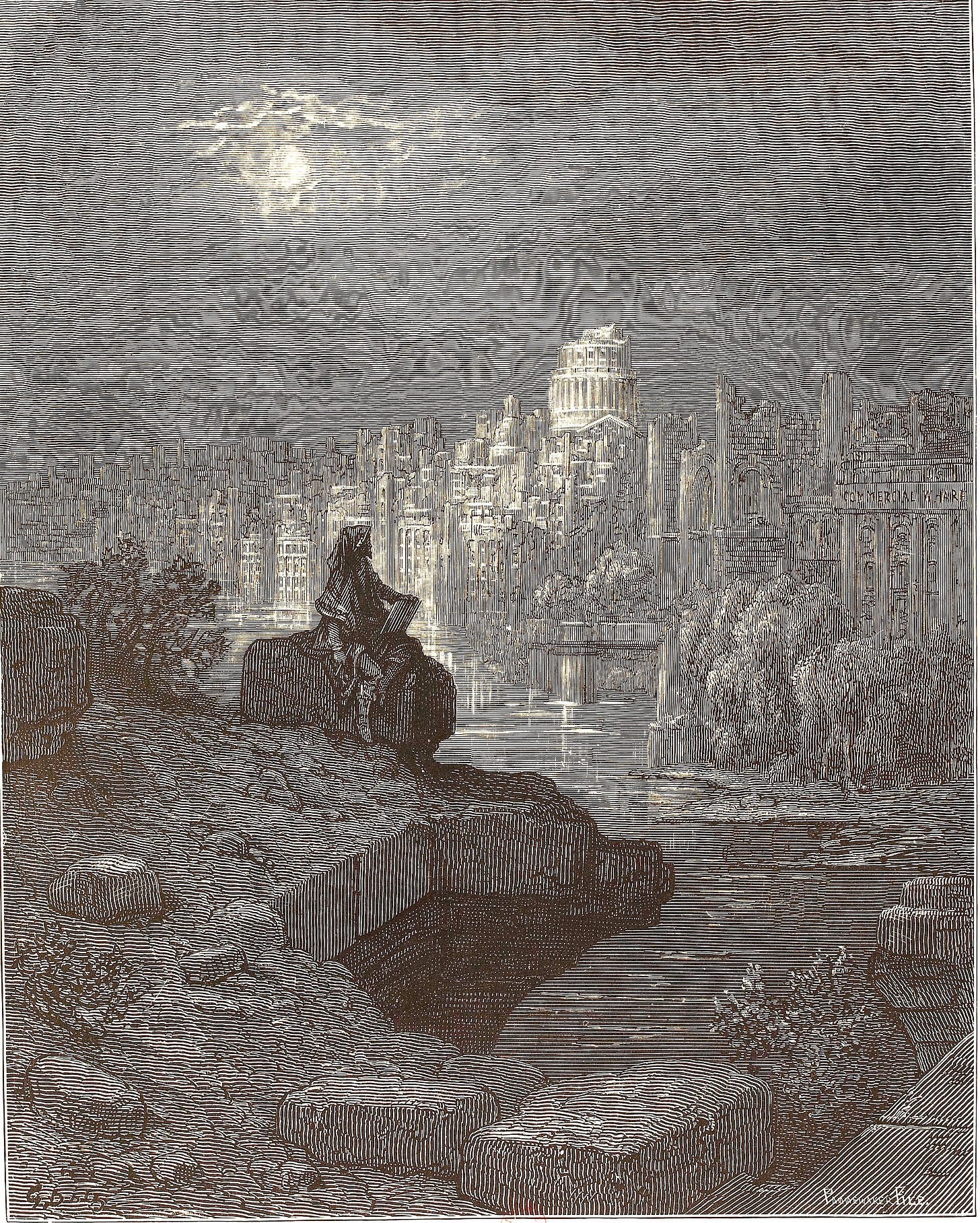 Under a full moon, a cloaked figure sits on a block of stone above the Thames and sketches a ruined London, with the broken dome of St Paul's on the skyline and fallen masonry in the foreground. Under a full moon, a cloaked figure sits on a block of stone above the Thames and sketches a ruined London, with the broken dome of St Paul's on the skyline and fallen masonry in the foreground.