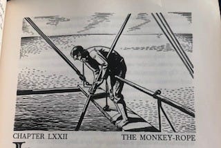 Rockwell Kent black and white illustration of Ch. 72 "The Monkey-Rope": a sailor (Ishmael) hunches perched on a railing with a long line descending from his waist.