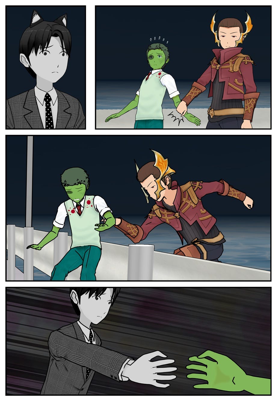 To Ace's surprise, Odys goes over the bridge railing and pulls his hostage down with him. Ace reaches out to catch the hostage's outstretched hand.