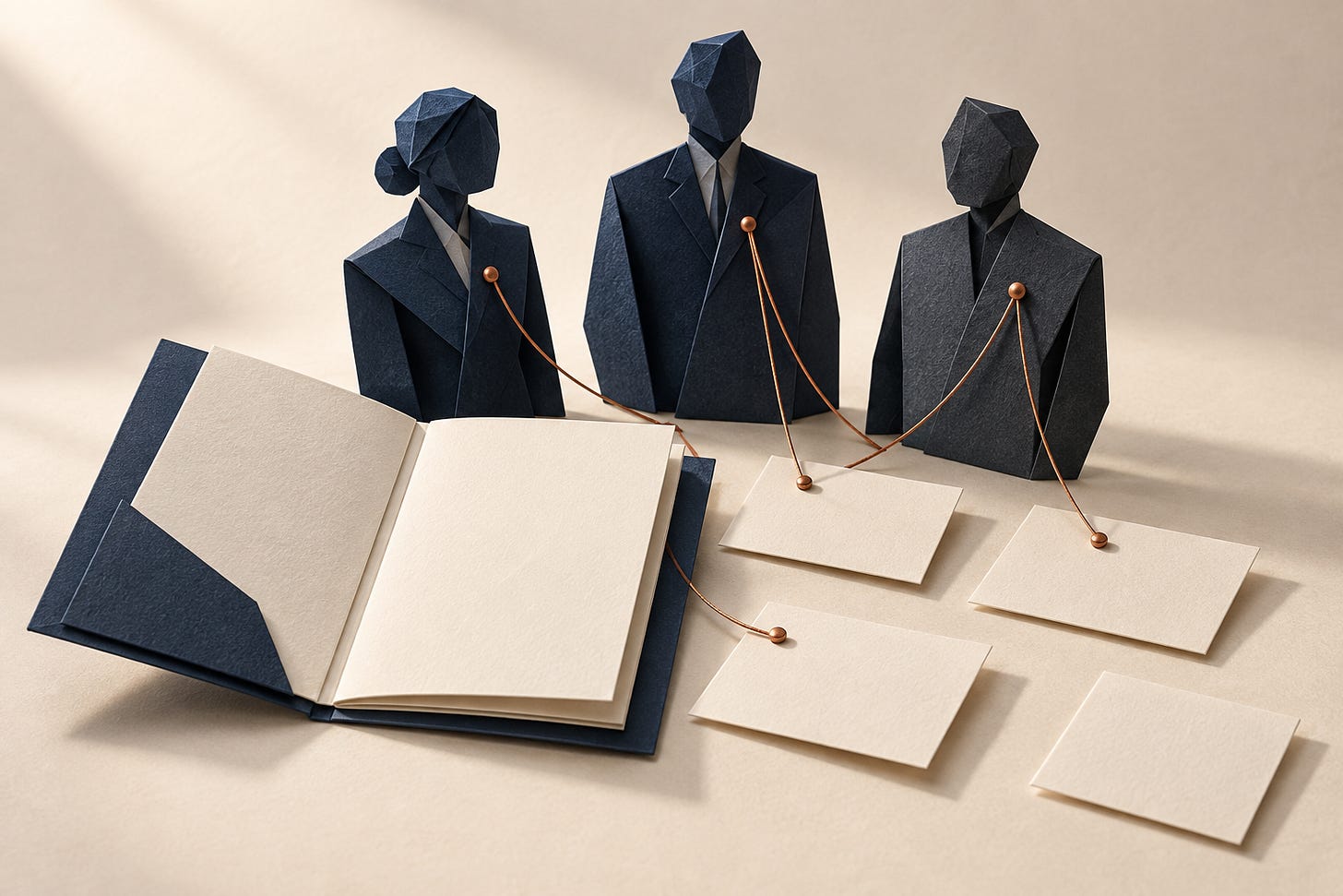 Paper figures connected by copper threads to blank task cards beside an open proposal folder; one card is unconnected. Paper figures connected by copper threads to blank task cards beside an open proposal folder; one card is unconnected.