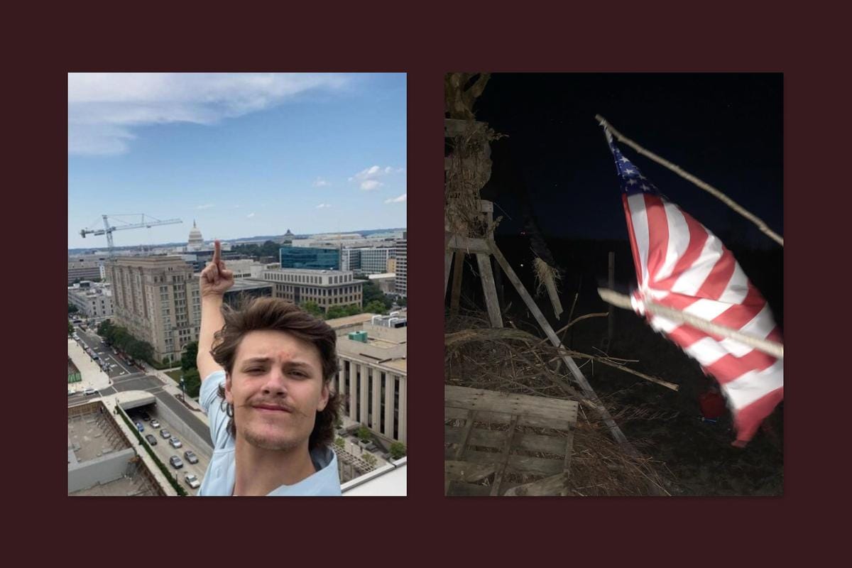 Глосс на фоне Капитолия в Вашингтоне и американский флаг, сожжение которого Майкл показал в своем Instagram
