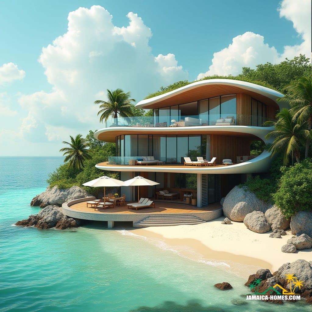 A luxurious and modern three-story beachfront home in Jamaica, blending contemporary architecture with tropical aesthetics. A luxurious and modern three-story beachfront home in Jamaica, blending contemporary architecture with tropical aesthetics.