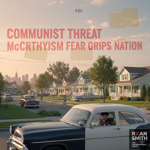 Ultra-detailed 16:9 photorealistic image. 1950s American suburb at golden hour: neat rows of pastel houses, shiny cars in driveways, kids on bikes. In the foreground, a patrol car slowly cruises by, its chrome gleaming, a white officer in a crisp uniform watching the neighborhood. In the sky above, faint ghostly overlays of red “COMMUNIST THREAT” headlines and FBI files drift like translucent clouds. Off to one side, a darker city skyline hints at looming unrest. Mood: calm on the surface, undercurrent of paranoia