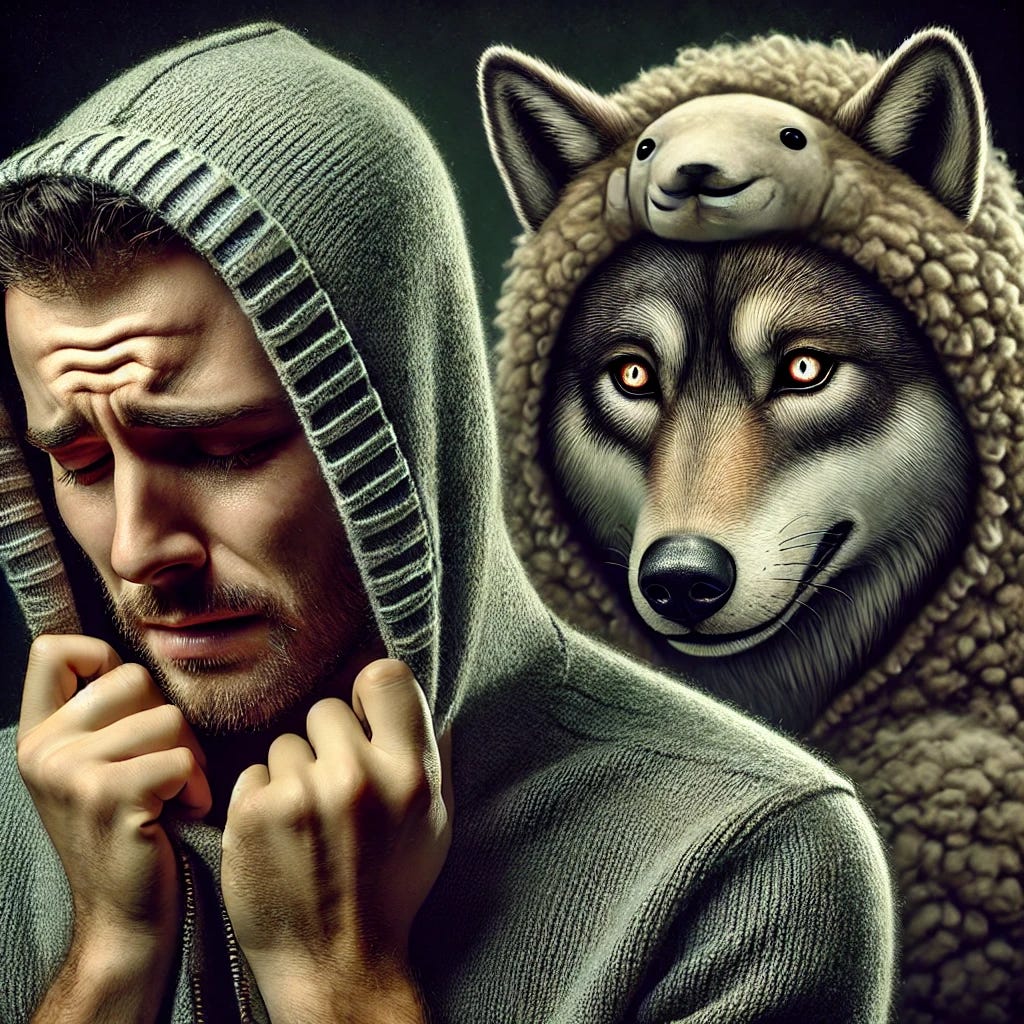A hyper-realistic illustration focusing on a distressed person in the foreground, with a menacing wolf in sheep’s clothing lurking in the background. The person's face shows deep distress, confusion, and fear, as if they are realizing they have been manipulated. The wolf, partially concealed by its disguise, watches intently with piercing eyes and a sinister presence. The background is dark and shadowy, creating a psychological thriller atmosphere that emphasizes deception and manipulation.