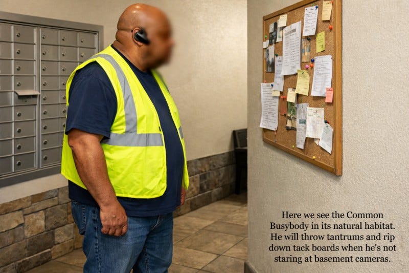 Overweight man wearing a Bluetooth earpiece and a yellow and silver safety vest scowls in a lobby, looking at signs on a tack board.
