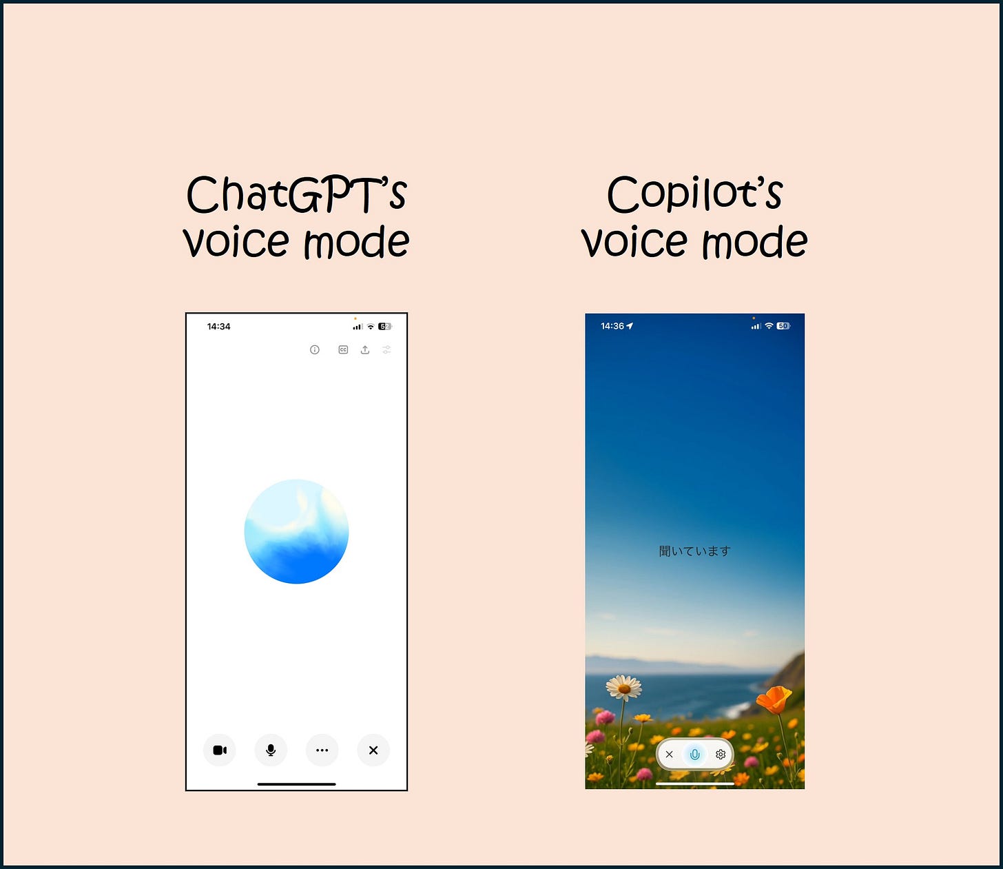 Screenshots of voice mode in ChatGPT and Copilot.