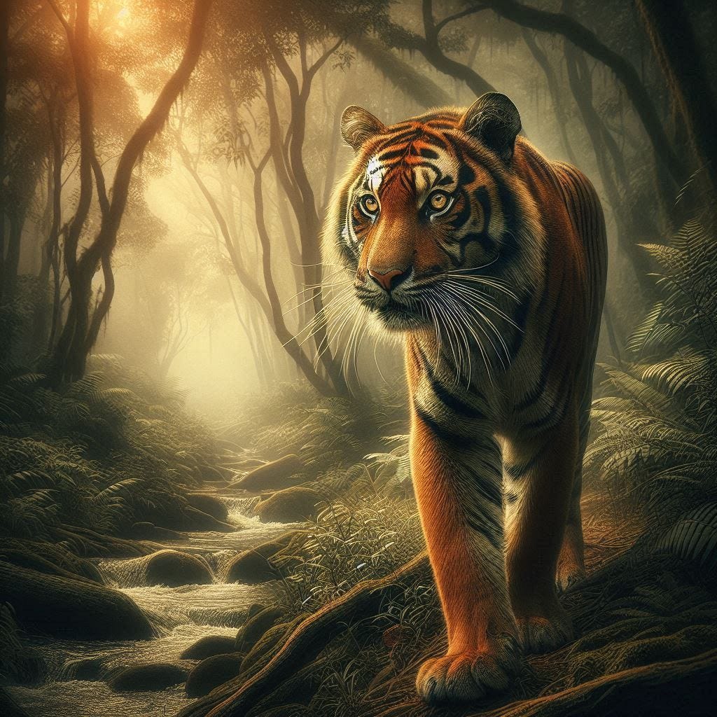 the eyes of a bengal tiger strolling through the jungle in the style of audubon