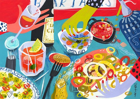 A selection of six images from different projects, including illustrations, a mural fragment, professional artwork, sketching scenes and pages from wine sketchbooks