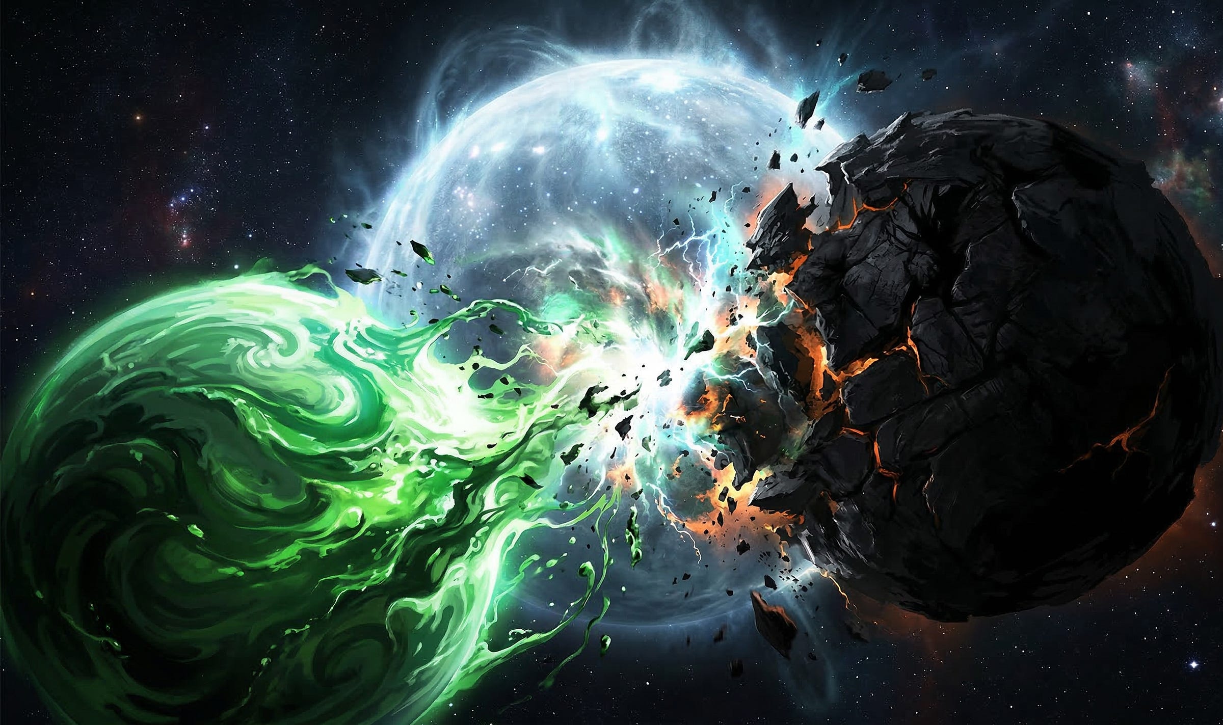 A cosmic collision between a swirling green energy mass and a dark rocky planet, with blue-white light bursting at the point of impact against a deep space background