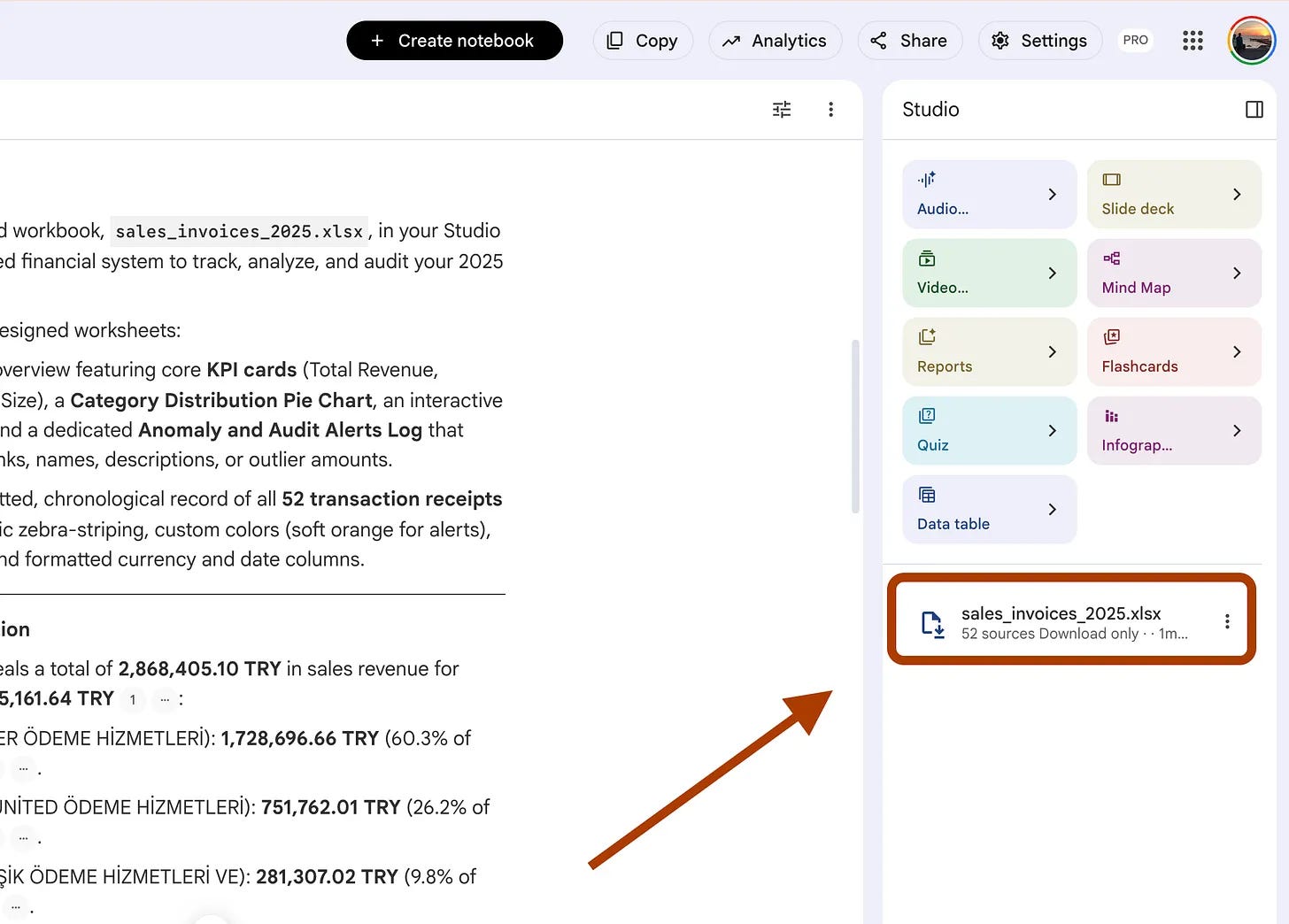NotebookLM Studio panel with an arrow pointing to the downloadable sales_invoices_2025.xlsx file NotebookLM Studio panel with an arrow pointing to the downloadable sales_invoices_2025.xlsx file