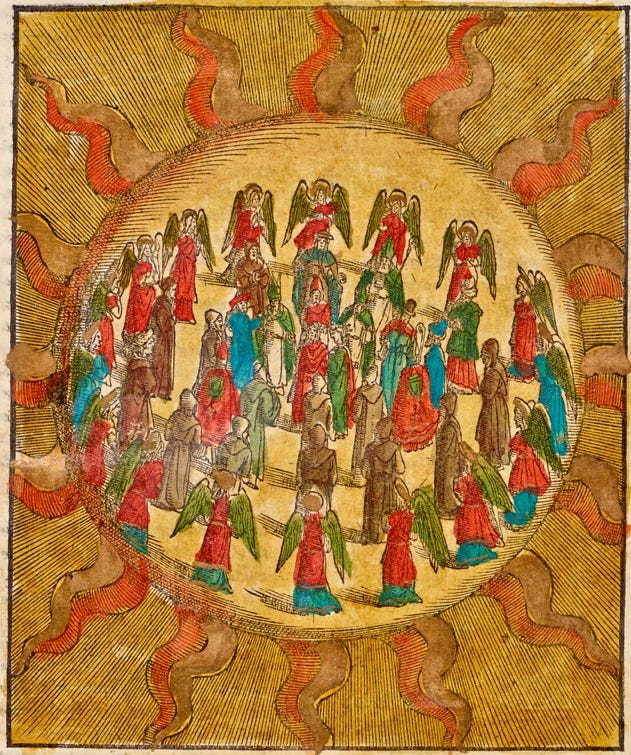 In the Fourth Heaven, the Sphere of the Sun, the souls dance around each other in two circles, moving in opposite directions. Dante compares their waltzing to a double rainbow.