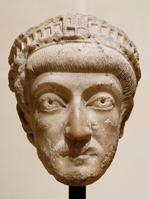 Bust of Byzantine Empreror Theodosius II (reigned 408–450 AD). Marble, 5th century AD.