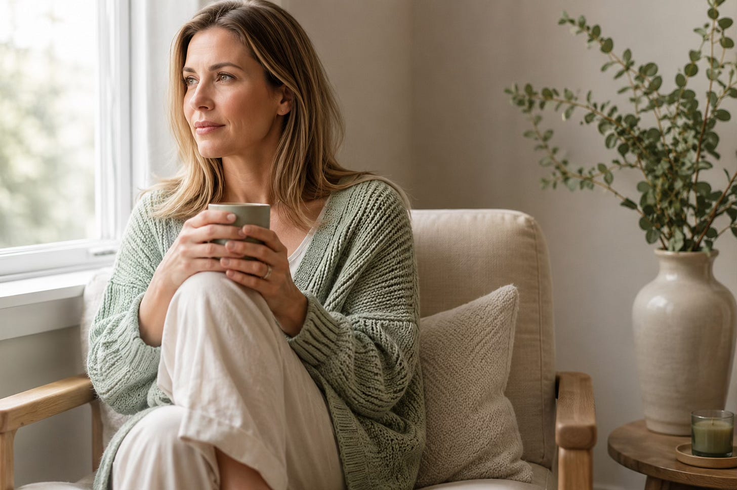 Thoughtful woman sitting quietly by a window with a warm drink, reflecting gently.