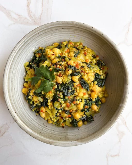 One-Pan Lemon Coconut Pearl Couscous with Chickpeas & Kale 