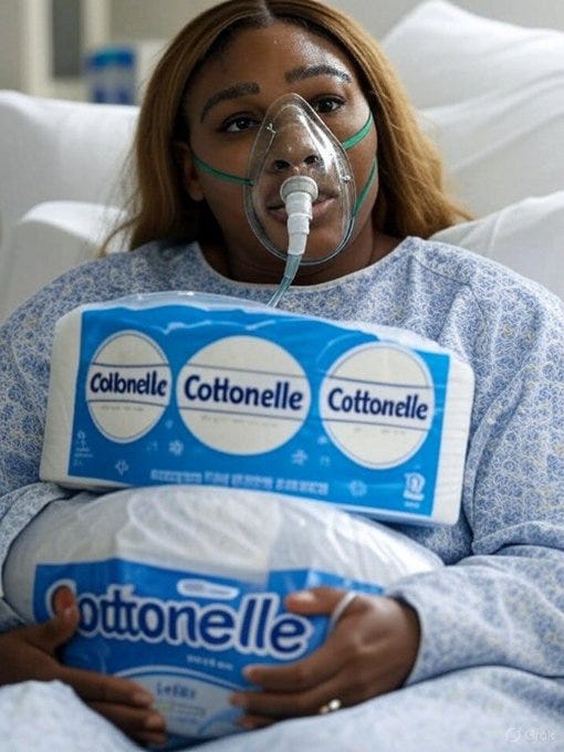Serena Williams lying in a hospital bed, wearing a patterned gown and an oxygen mask with tubing. She holds multiple packages of Cottonelle toilet paper, with the brand name and logo visible on the packaging. Serena Williams lying in a hospital bed, wearing a patterned gown and an oxygen mask with tubing. She holds multiple packages of Cottonelle toilet paper, with the brand name and logo visible on the packaging.