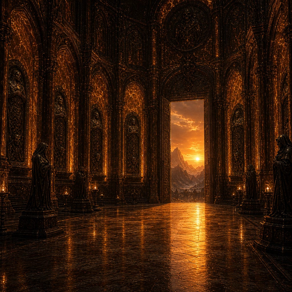 Amber Temple atrium at sunset, towering amber‑glazed walls, vast shadowed hall, golden dying light spilling through the great doors, Barovian Gothic atmosphere