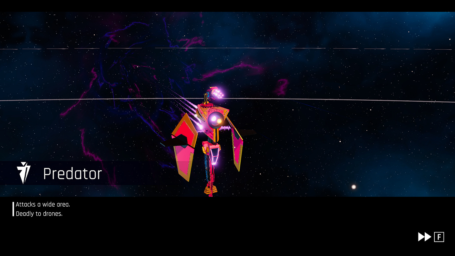 A Predator drone spaceship from the video game Drone Swarm