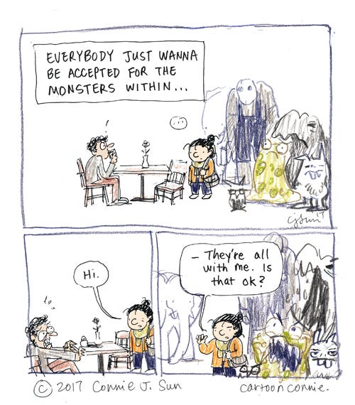 3-panel comic strip about bringing all your personal demons with you on a date. Cartoon girl with a bun shows up to a date with all her monsters, hoping to be accepted for all them. Titled, "The Monsters Within," color pencil and ink on paper. Original artwork by Connie Sun, cartoonconnie, 2017.