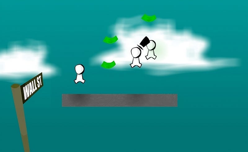 A group of three white figures jumping around and collecting money on a grey platform in :the game:.