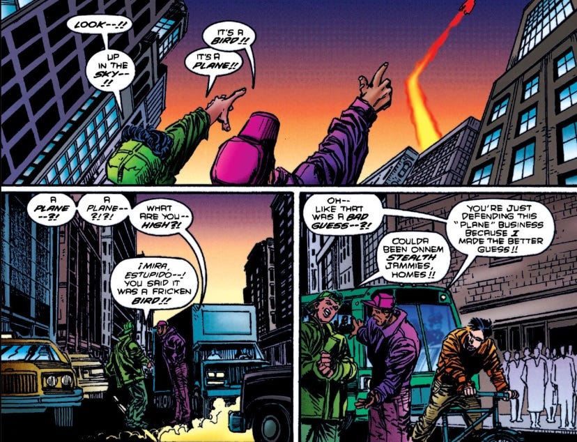 In three planels by artist Denys Cowan, two men, one dressed primarily in green, the other in purple, argue over whether the flying figure in the sky looks like a bird or a plane.