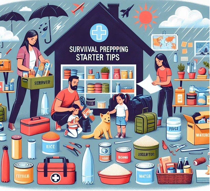 Family creating a survival prep and stocking up on supplies