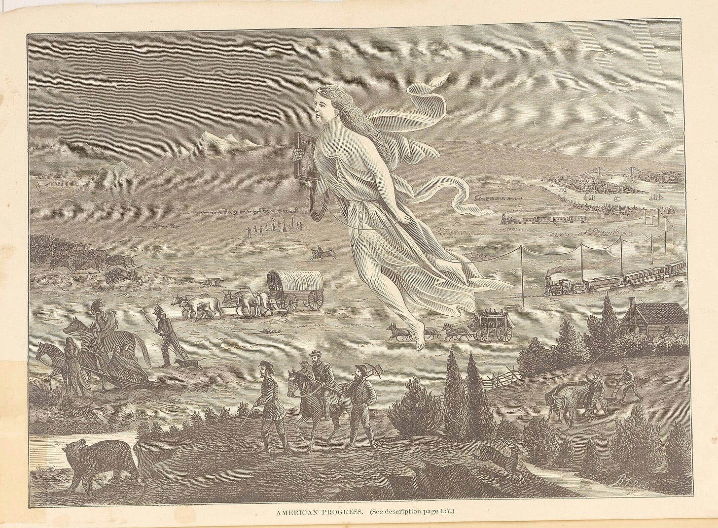 A black and white print of the same scene, with the floating woman, three railroad lines, a covered wagon and riders on the left, printed at the front of a travel guide. A black and white print of the same scene, with the floating woman, three railroad lines, a covered wagon and riders on the left, printed at the front of a travel guide.