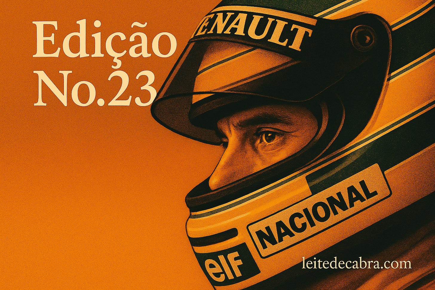 Tipografia:

“Edição No.23” (serif, creme; apenas “E” maiúsculo em “Edição”).

Canto inferior direito (pequeno e discreto): leitedecabra.com (mesma família serif).

Evitar: cores neon, excesso de brilho, sombra dura, fontes modernas sem serifa.

Exemplos de imagens em anexo, se inspire na ultima delas para fazer a da edição 23 (mas nas nossas cores). Quero que remeta ao Senna como na ultima foto